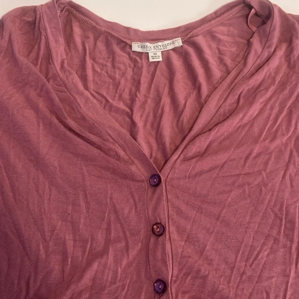 Green Envelope Mauve Button Tie Blouse - Picture 3 of 9
